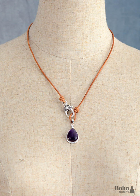 Boho Necklace, Purple Amethyst Teardrop Pendant